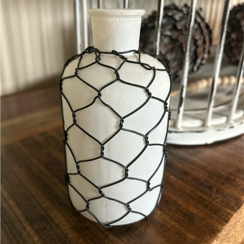 White Vase with Black Wire Mesh